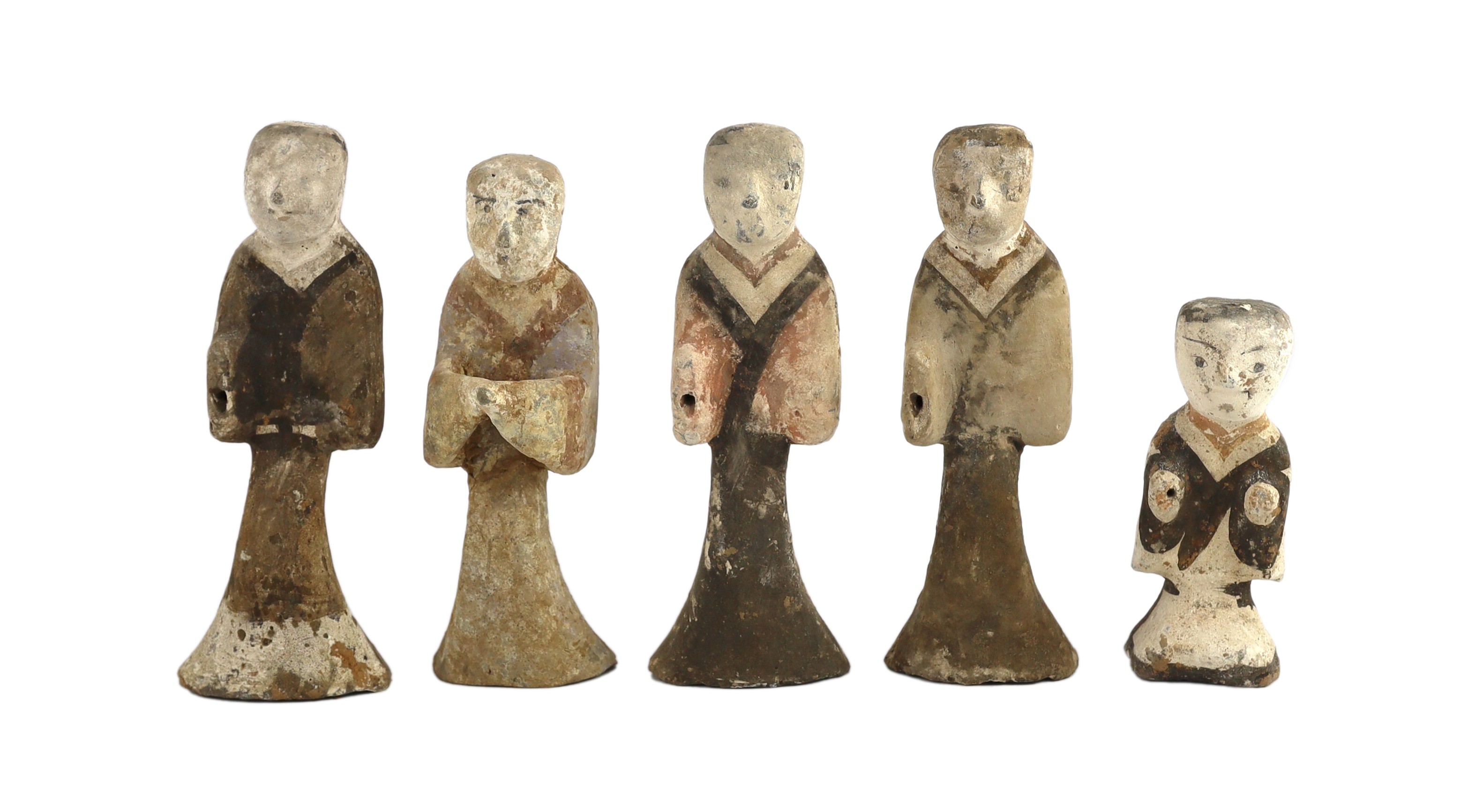 A set of five Chinese pigment painted pottery standing figures of musicians, Han dynasty or later, 15–22cm high